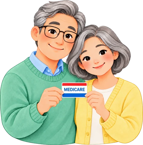 Illustration: a senior couple holding a Medicare card